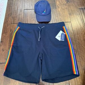 Nautica Navy Blue Rainbow Stripe Men’s Shorts XL NWT and Matching Hat Pride
